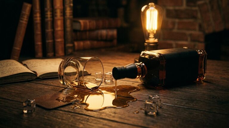 Przewrócona butelka alkoholu i kieliszki na drewnianym stole — sprawy o jazdę pod wpływem alkoholu